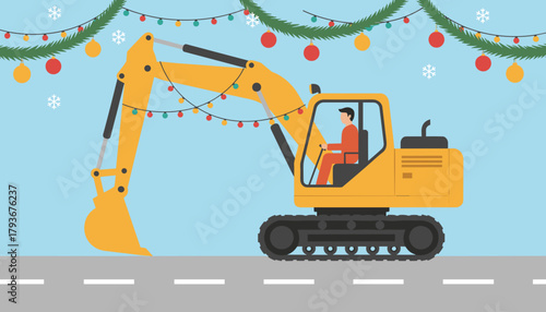 Heavy excavator decorated for Christmas operates on a winter road Construction holiday concept