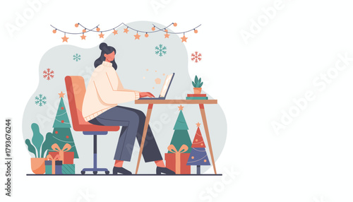 Festive home office Woman uses laptop surrounded by Christmas decorations working remotely