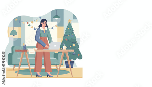 Professional woman working remotely on laptop in festive home office during the Christmas season