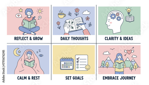 Selfcare and personal growth concept illustrations journaling goal setting reflection clarity and rest