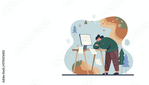 Tired worker sleeping at the desk in a cozy winter setting Burnout stress or remote work fatigue