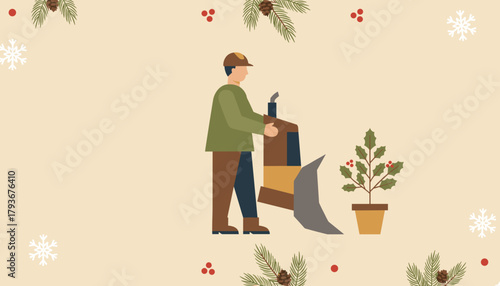 Illustration of a worker clearing snow with a snow blower surrounded by festive holiday elements