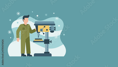 Industrial worker operating a drill press machine Manufacturing production and mechanical engineering