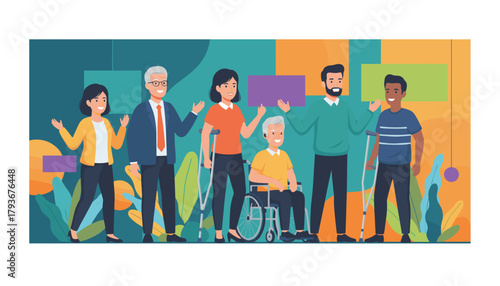 Diverse group with disabilities wheelchair crutches smiling happily promoting inclusion and equality