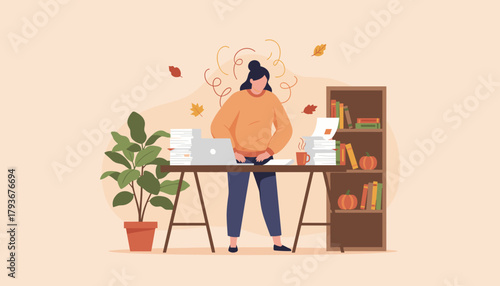 Busy remote worker drowning in paperwork and autumn deadlines Stress and time management concept