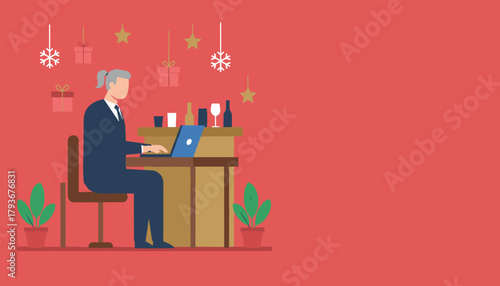 Working during the holidays Businessman uses laptop near festive gifts and drinks