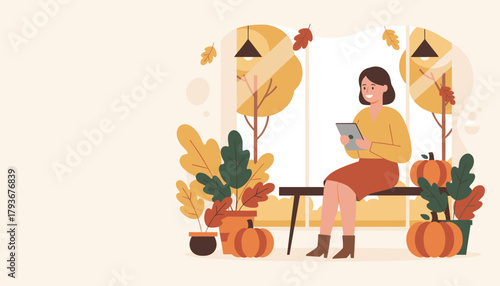 Smiling woman uses tablet indoors enjoying a cozy autumn day with pumpkins and fall leaves