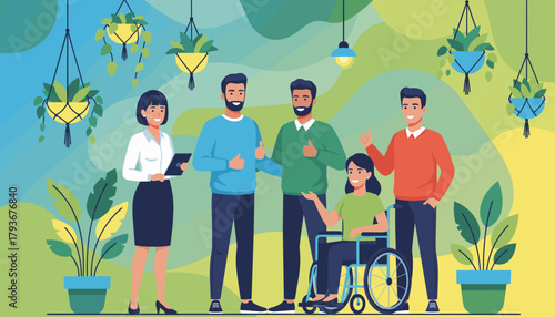 Diverse business team celebrating inclusion and success in a bright biophilic office environment