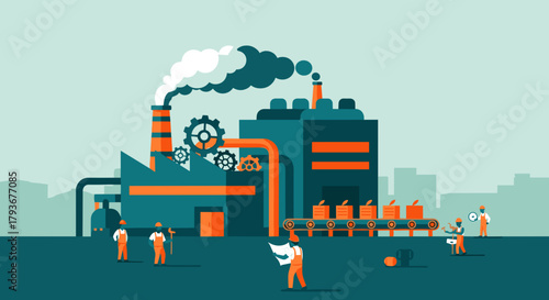 Flat design illustration of factory workers managing industrial production and manufacturing operations