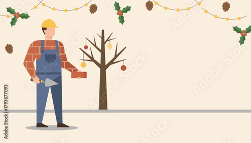 Builder with brick and trowel under holiday decor Construction work during Christmas season