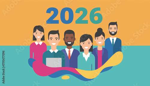 Diverse business team collaboration under 2026 symbolizing future planning and success