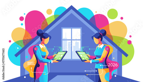 Digital real estate agents manage property data on tablets in a smart home technology illustration