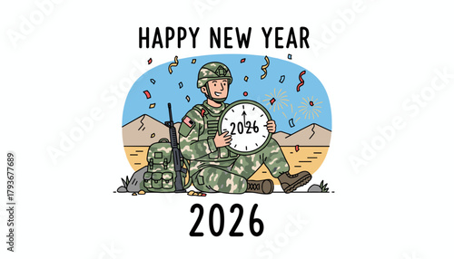 Happy New Year 2026 illustration of a US soldier celebrating deployment with clock and fireworks