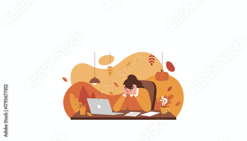 Overworked woman stressed at her desk during the autumn season Remote work fatigue concept