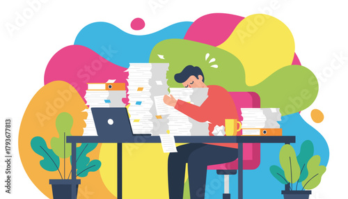 Stressed employee buried in endless paperwork and documents at desk illustrating burnout and work overload