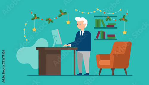 Professional working on computer in a festive office setting decorated for the Christmas holidays