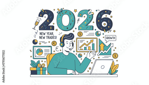 2026 finance concept illustration Man trading stocks for New Year growth and business success