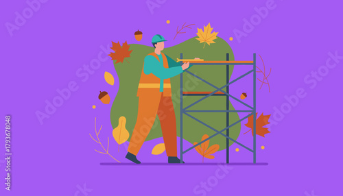 Industrial worker setting up construction scaffolding Autumn season job concept