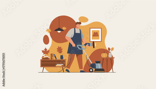 Professional cleaning service illustration Man polishing floor with buffer machine