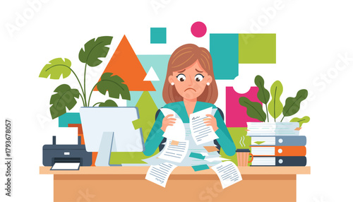 Frustrated office worker stressed by excessive paperwork and administrative workload