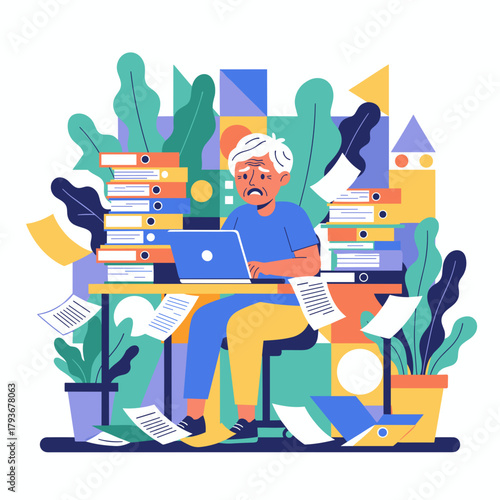 Stressed senior employee working on a laptop overwhelmed by massive paperwork and office bureaucracy