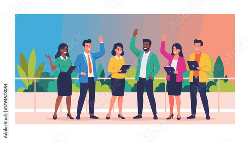 Slika na platnu Professional diverse team waving celebrating achievement outdoors