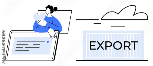 Person hugs a cloud while interacting with a digital interface and an export container in focus. Ideal for logistics, technology, data transfer, cloud services, global trade, export business, simple