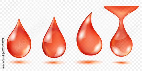 Set of drops of red water, with detailed highlights and gradients for a 3D effect, set against a transparent background with subtle shadow reflections below. Transparency only in vector format.