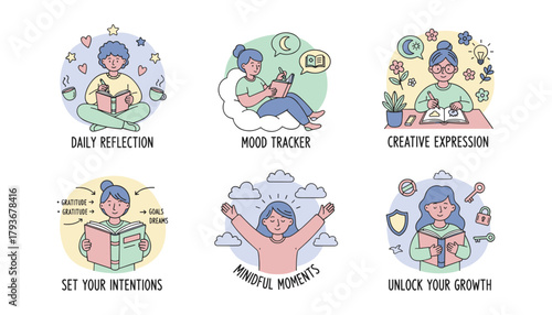 Vector illustrations of selfcare and journaling concepts reflection mood tracking mindfulness and growth