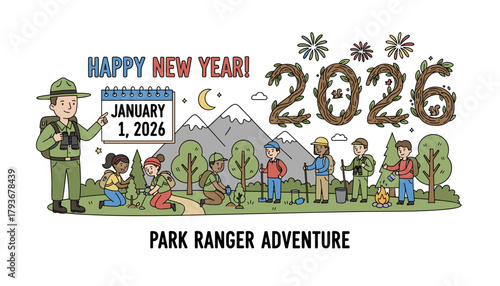 Happy New Year 2026 nature adventure Park ranger and diverse volunteers celebrate conservation