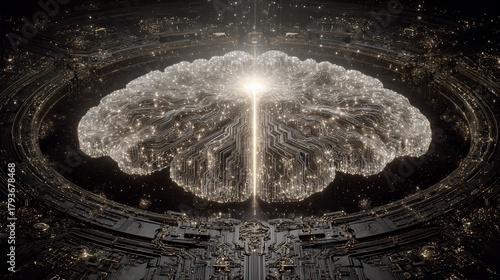 Artificial intelligence brain concept with circuit board design and glowing lights symbolizing