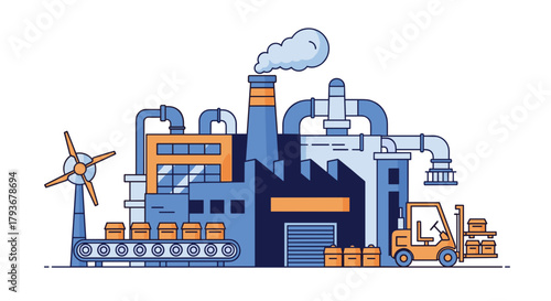 Industrial factory building illustration with logistics production line and forklift