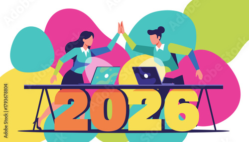 Business success in 2026 Team highfiving at work celebrating achievement and future goals