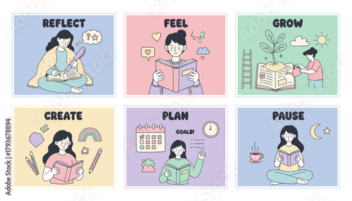 Personal development and selfcare illustrations reflect feel grow create plan pause