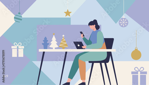 Remote work during winter holidays Woman uses smartphone and laptop surrounded by Christmas decorations