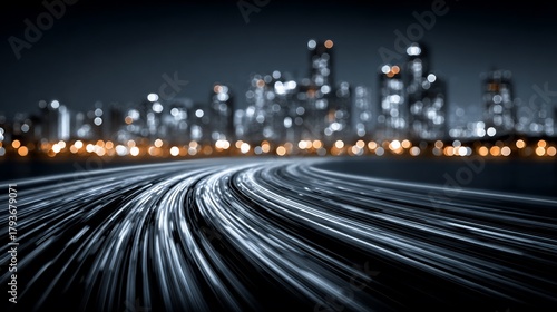 Captivating night cityscape with vibrant light trails in motion at twilight scenery