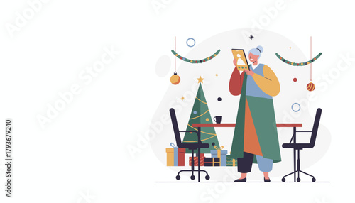 Senior woman using tablet for video call near office Christmas tree Holiday work concept