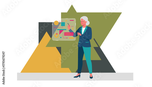 Senior professional woman presenting data using an interactive holographic screen