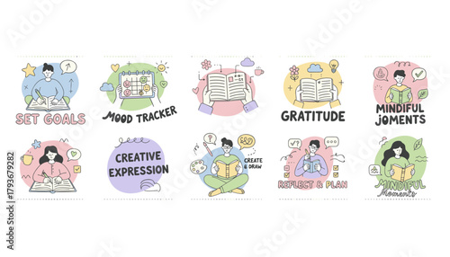 Journaling and mental wellness icons Set goals track mood express creativity reflect and plan daily life
