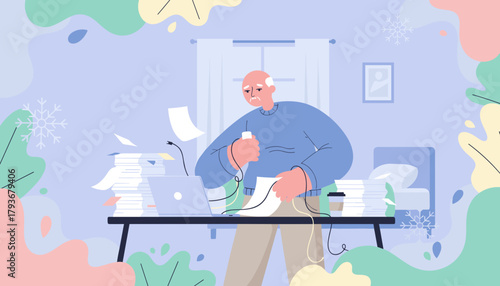 Overwhelmed senior man managing complex paperwork and digital tasks from a busy home office