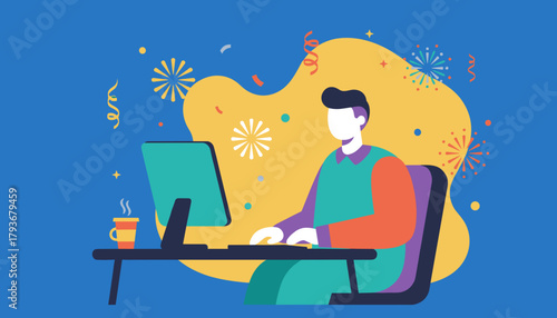 Digital worker celebrating success and achievement at the computer surrounded by festive fireworks