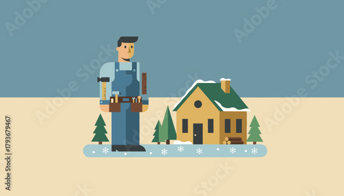 Contractor illustration ready for winter home repairs outside a snowy cabin