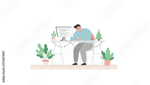 Exhausted programmer sleeping at his festive desk suffering burnout during the Christmas season