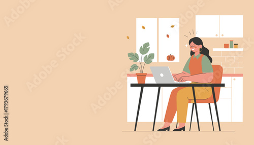 Smiling woman uses laptop for remote work in a cozy autumn home office setting
