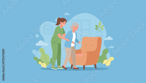 Professional caretaker assisting elderly woman with movement at home