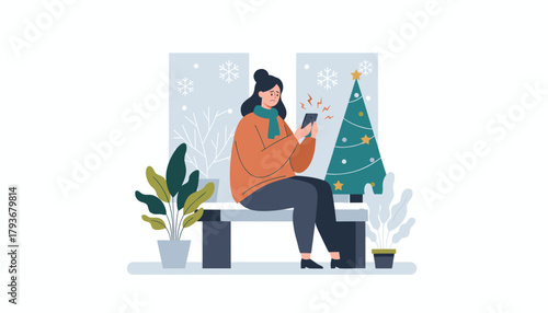 Frustrated woman checks bad phone signal by the Christmas window Winter communication failure