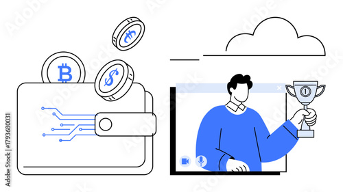 Digital wallet emitting cryptocurrency icons alongside a virtual presentation with a person holding a trophy. Ideal for fintech, blockchain, e-commerce, online awards, technology, virtual events