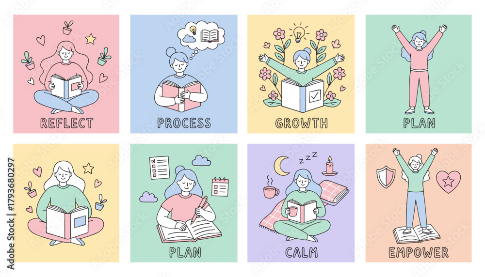 Fototapeta premium Personal growth concepts vector illustrations reflect process plan growth calm empower