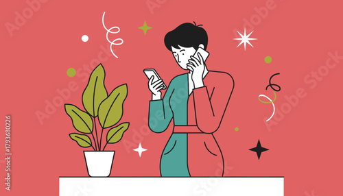 Woman multitasking using two smartphones simultaneously for communication Modern vector art