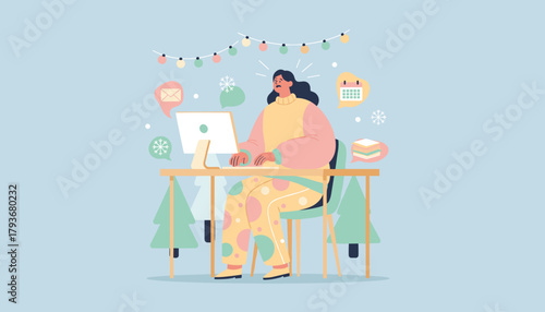 Female remote worker stressed by holiday deadlines and workload in comfortable pajamas
